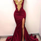 Burgundy Mermaid Golden Lace Prom Dress,Long Burgundy Evening Dress,Sexy Prom Gowns Y552