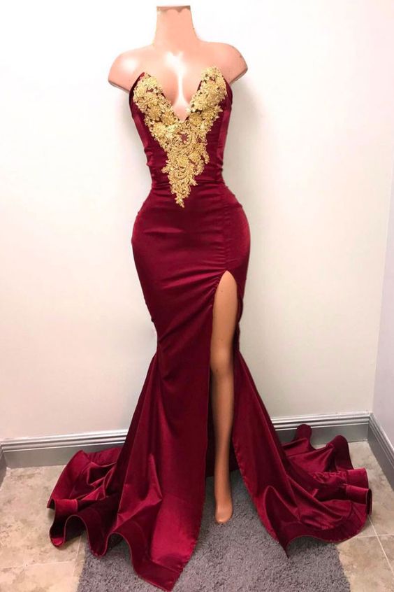 Burgundy Mermaid Golden Lace Prom Dress,Long Burgundy Evening Dress,Sexy Prom Gowns Y552