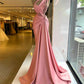 Pink Pleated Prom Dresses, Pearls Prom Dresses,  Satin Evening Dresses, Arabic Prom Dresses Y560
