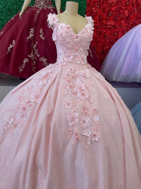 Glitter Pink 3D Flowers Ball Gown Sweet 16 Dress Y598
