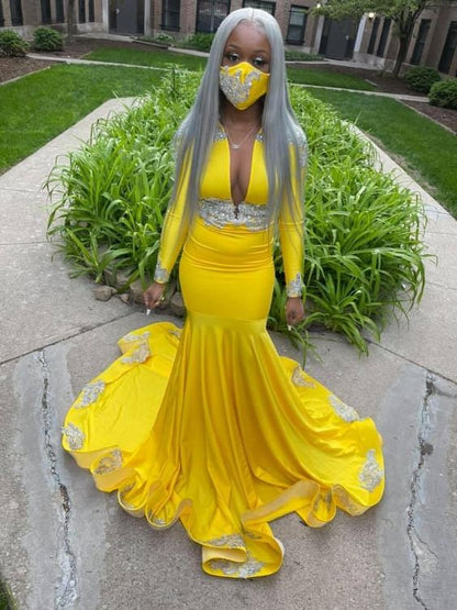 Yellow Mermaid Deep V Neck Prom Dresses Sexy  Evening Dresses With Appliques Y570