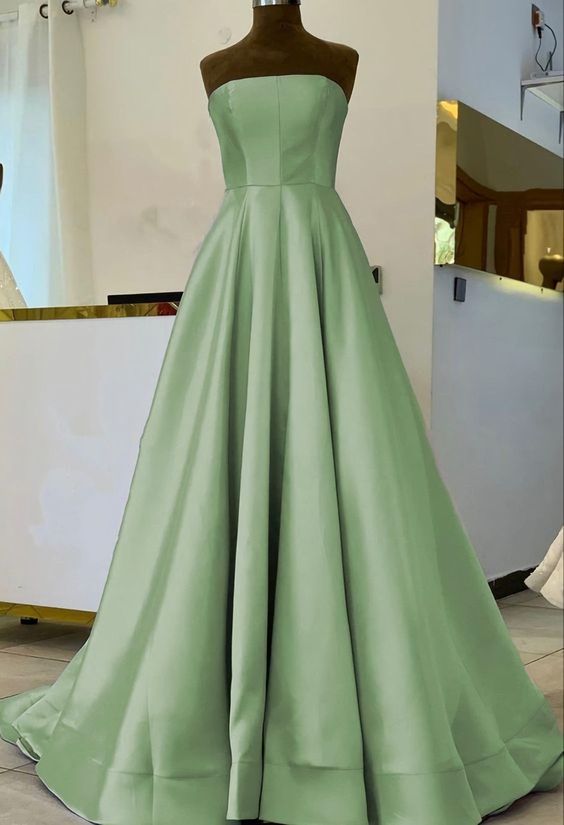 Simple Sage Green Satin Bridesmaid Dresses, Strapless Floor Length Formal Prom Dress Y631