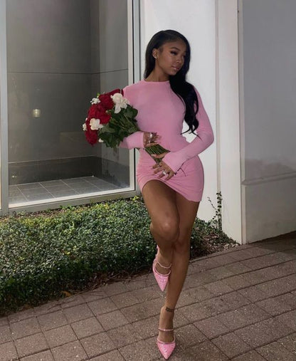 19th Birthday Outfit Pink Long Sleeves Tight Dress Sexy Homecoming Dress Y649