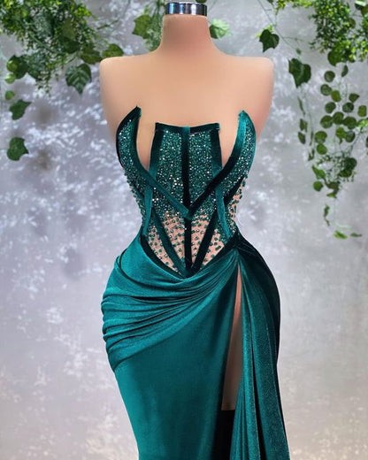 Sexy Evening Dress With Beaded Unique Long Prom Dress High Slit Y569