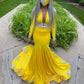 Yellow Mermaid Deep V Neck Prom Dresses Sexy  Evening Dresses With Appliques Y570