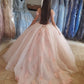 Blush Pink Puffy Sweet 16 Off Shoulder Ball Gowns Sixteen Beaded Crystal Light Pink Tulle Quinceanera Dress Princess Prom Dresses S27021