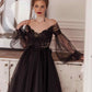 Elegant Black Illusion Full Sleeve V-Neck Lace Appliques Backless A-Line Ankle-Length Evening Dress S26660