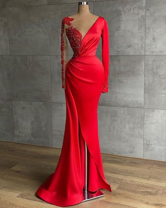 Long Red Satin Evening Dresses, Sheer Neckline Long Sleeve Beaded African High Slit Women Formal Prom Dress S24678