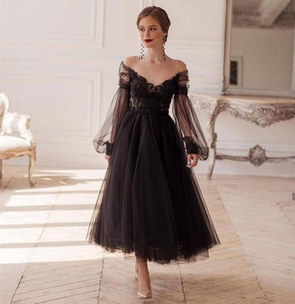 Elegant Black Illusion Full Sleeve V-Neck Lace Appliques Backless A-Line Ankle-Length Evening Dress S26660