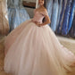 Blush Pink Puffy Sweet 16 Off Shoulder Ball Gowns Sixteen Beaded Crystal Light Pink Tulle Quinceanera Dress Princess Prom Dresses S27021