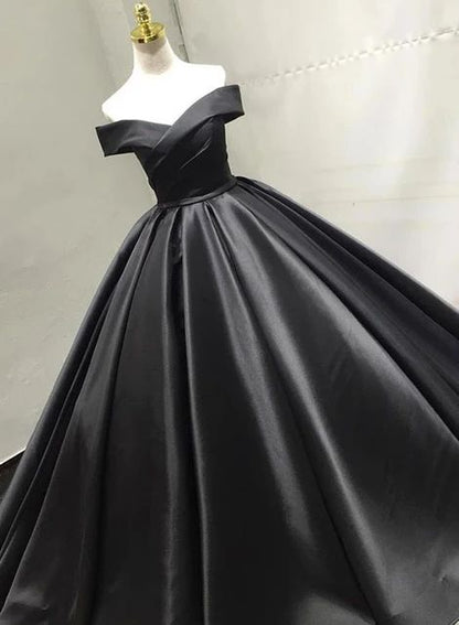 Black v neck satin long prom dress, black evening dress S26309