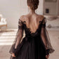Elegant Black Illusion Full Sleeve V-Neck Lace Appliques Backless A-Line Ankle-Length Evening Dress S26660