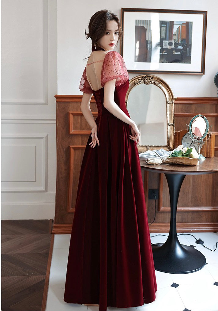 High neck prom dress,elegant party dress,velvet dress,custom made Y1181