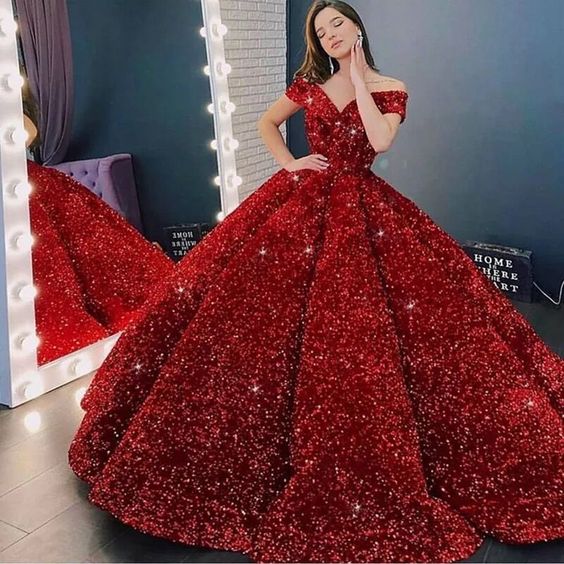 Luxury Sparkling Red Ball Gowns Quinceanera Dresses Off The Shoulder Sequin Pageant Gown Long Princess Sweet 16 Dress Y1210