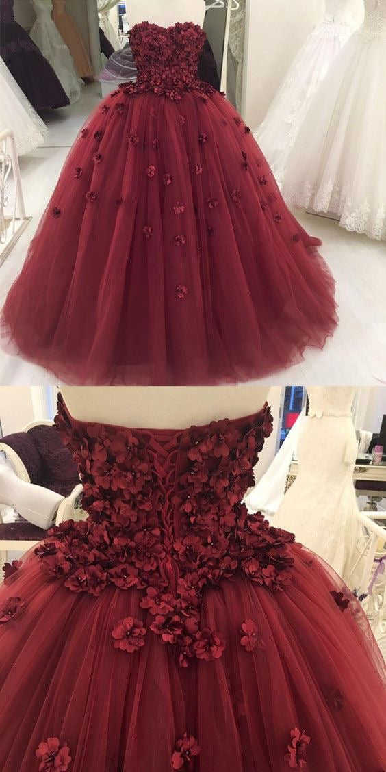 Charming Strapless Burgundy Tulle Ball Gown With Hand Flowers Y1218