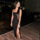 Spaghetti Strap Sexy Split Solid Slim Lady Vintage Prom Dress,Black Evening Dress Y1187