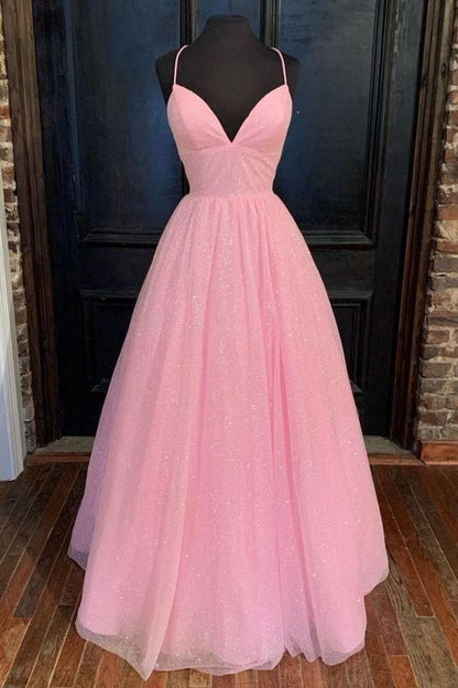 Sparkly Spaghetti Straps A-line Pink Floor Length Prom Dress Pink Graduation Dress Formal Gown Y681