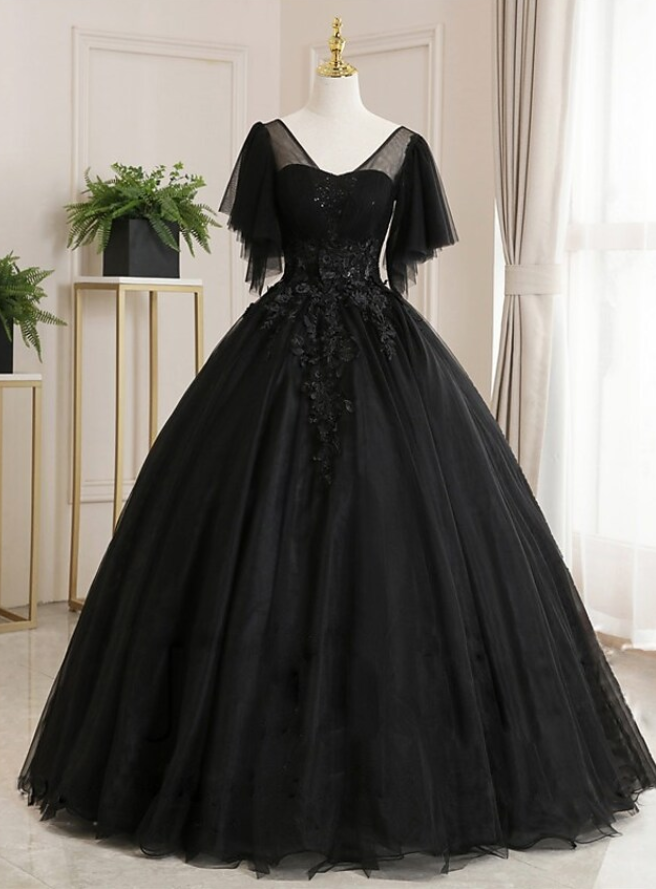 Ball Gown Luxurious Floral Quinceanera Prom Dress Scoop Neck Short Sleeve Floor Length Tulle with Pleats Embroidery Y1478