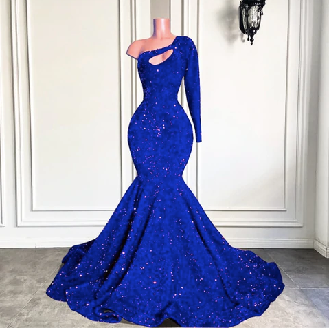 royal blue sparkly prom dresses long sleeve one shoulder mermaid cheap formal party dresses Y1270