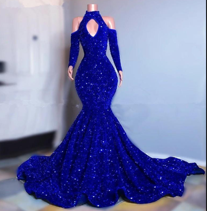 Plus Size Royal Blue Sparkly Sequins Prom Dresses Long Sleeves Mermaid Evening Gowns Elegant Off Shoulder Women Formal Dress Y1271
