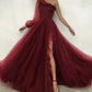 Burgundy tulle prom dress one shoulder evening dress S17925