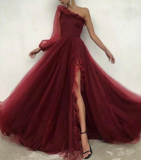 Burgundy tulle prom dress one shoulder evening dress S17925